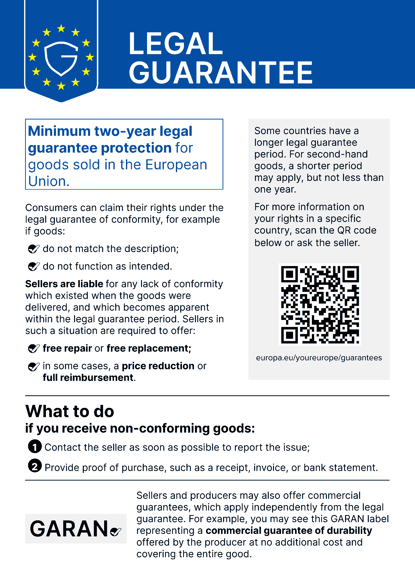 EU notice on the legal guarantee: at least two years of legal guarantee when buying goods, remedies for faulty goods by repair, replacement, price reduction or termination of the contract. The QR code leads to further information on the Your Europe portal.